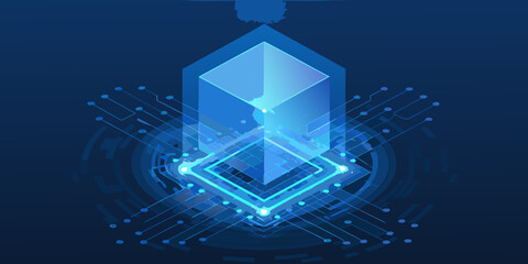 a blue glowing cube and square on a circuit board © Ripan