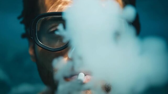 Surreal conceptual close-up of a man with a diving mask smoking a cigarette underwater