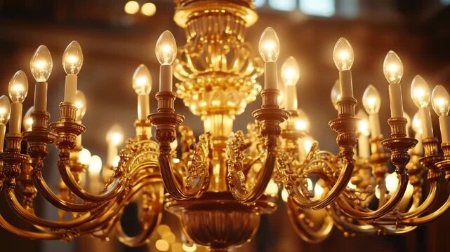 Elegant crystal chandelier with glowing warm light bulbs hanging from the ceiling