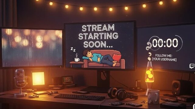 Lo-Fi Gaming Aesthetic Stream Overlay Triple Monitor Setup with Copy Space