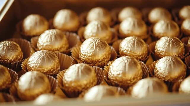 Rows of delicious round chocolate candies wrapped in shiny golden foil inside a gift box