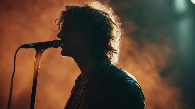 Silhouette of a male singer performing a song live on stage during a concert with smoke and lights