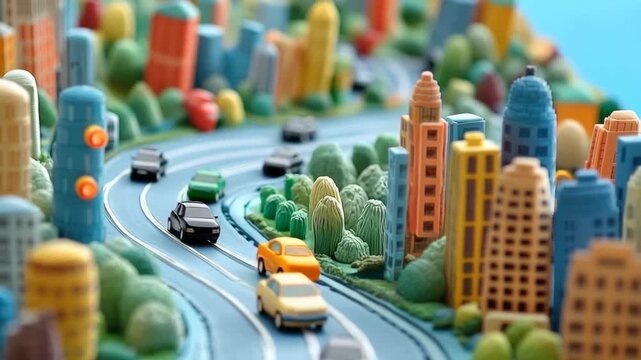 Tiny cars driving through a colorful miniature city diorama with skyscrapers and trees