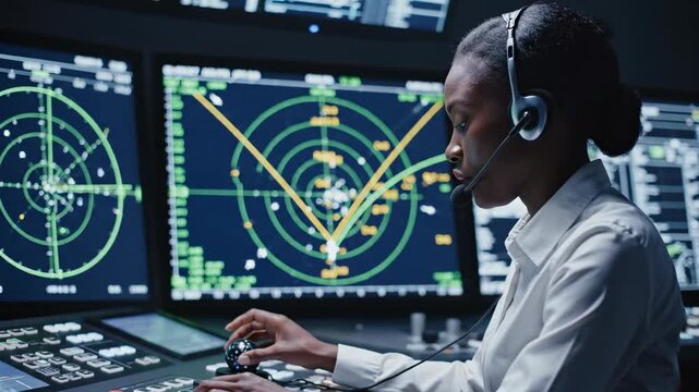 Dedicated african american female air traffic controller navigating airplanes on a radar screen, providing precise guidance and instructions to pilots from the control tower for safe landings