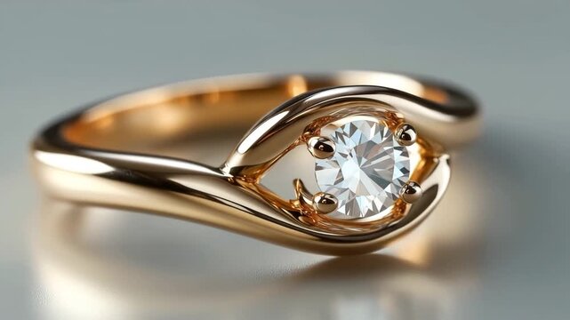 Unique gold engagement ring with a brilliant-cut diamond rotating on a reflective surface