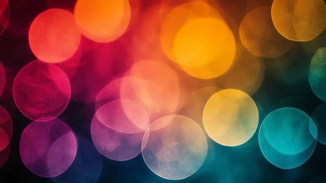 Colorful shimmering circles of light moving and overlapping on a dark background