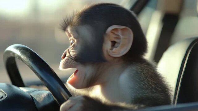 Cute and funny baby monkey sitting behind the steering wheel of a car making various faces