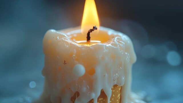 Close-up shot of a single candle burning with its wax melting and dripping down the side