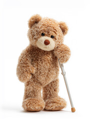 Sick and sad teddy bear leaning on a crutch, isolated on a white background for cutting out