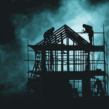 Silhouettes of construction framers hammering on scaffolding