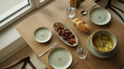 Simple and modern Ramadan Iftar table setting with dates, a bowl of vegetable soup, and bread rolls in natural window light.