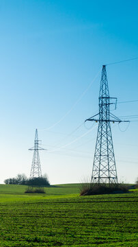 Two high-voltage power lines stand one behind the other in a green field against the backdrop of a blue sky on a sunny day.