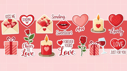 A vibrant collection of romantic stickers featuring hearts letters roses and candles ideal for valentine s day