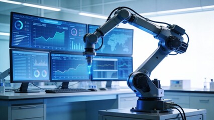Robot arm in a tech lab with data screens
