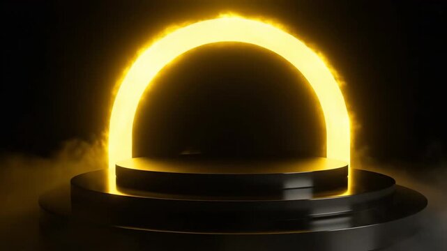 Glowing yellow archway atop a black, curved platform. Dark background with subtle smoke or fog effect near the arch