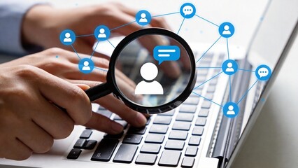 Hands using laptop with magnifying glass and network icons