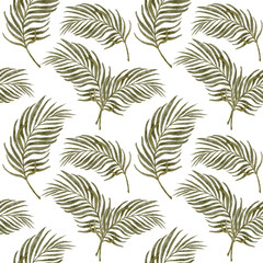 Seamless pattern with palm leaves on white background, hand painted in soft natural green tones, minimal tropical botanical texture for Easter decor, Palm Sunday design, packaging, fabric, stationery © Ekaterina