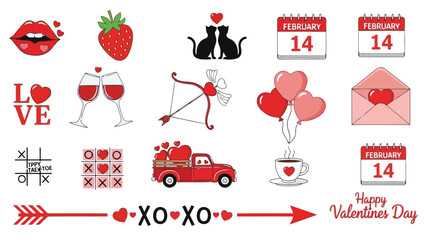 Illustrative valentine s day elements including hearts strawberries arrows and love messaging arranged in a playful composition
