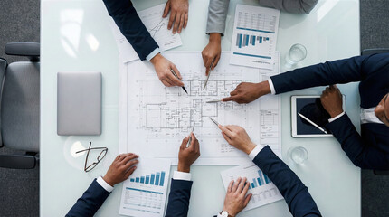 Collaborative Business Meeting with Floor Plan, Charts, and Strategic Discussion Around Conference Table