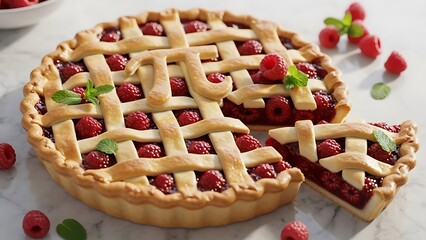 Delicious lattice top raspberry pie decorated with pi symbol on a marble surface
