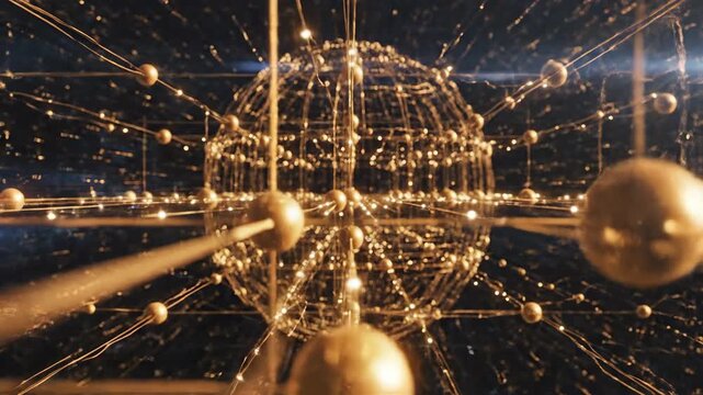 Golden spheres suspended by thin lines in a dark space create a complex geometric arrangement