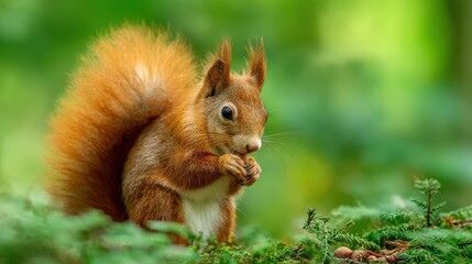 Fototapeta premium Adorable red squirrel in lush green forest eats nut with soft focus.