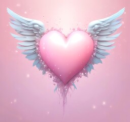 Glowing heart with wings, Valentine fantasy concept, pastel pink tones, clean background