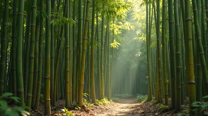 A serene bamboo forest with a winding dirt path and sunlight filtering through