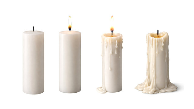 A burning candle with a bright flame, showing different stages of burning and melting wax isolated on transparent background