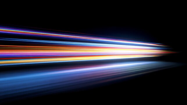 Colorful streaks of light burst from a point on the right, radiating across a black background, suggesting movement and speed