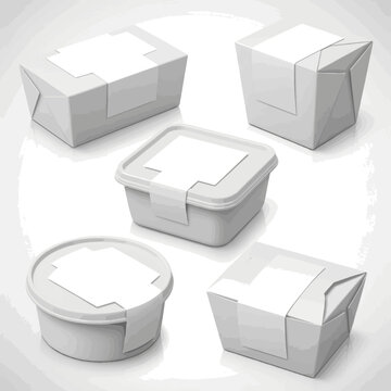 Create a kinds of deferent realistic Disposable white food box container whith white paper label Mock Up Template of food box container - 3d rendering vector art with white background.
