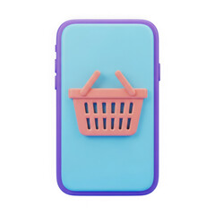 Fototapeta premium Mobile phone displaying a vibrant pink shopping basket icon, symbolizing convenient online shopping isolated on transparent background