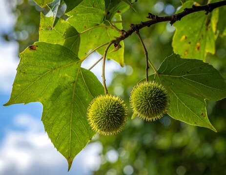 Close-up of sycamore tree foliage with two spiky seed pods hanging from a branch. Light filters through leaves