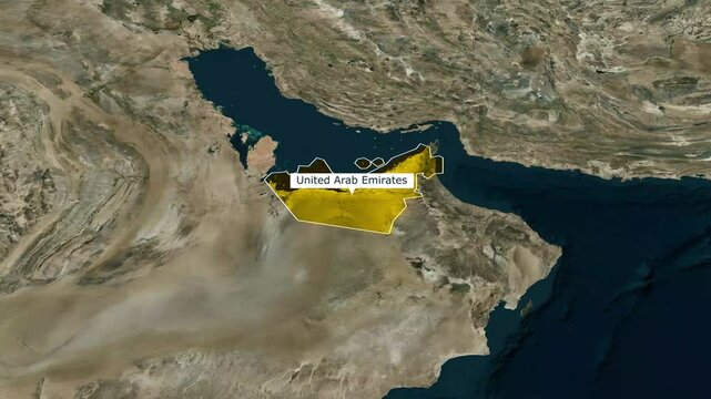 United Arab Emirates UAE Map Animation with 3D Satellite View for Middle East Business Trade Energy and Tourism Motion Graphic