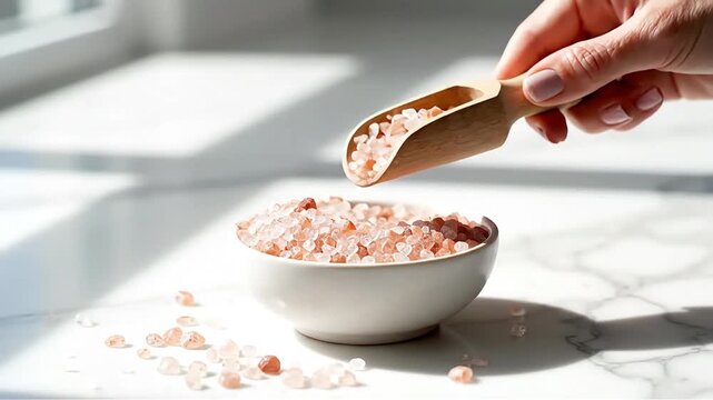 Pink Himalayan salt being poured from a wooden scoop into a white ceramic bowl on a marble surface showcasing natural wellness and healthy eating concepts