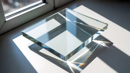 Transparent glass prisms casting dramatic rainbowcolored light and shadow patterns on a surface