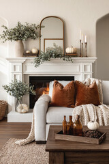Naklejka premium Cozy autumn living room with warm tones, velvet pillows and elegant seasonal decor centered around a white fireplace and neutral-toned furniture.