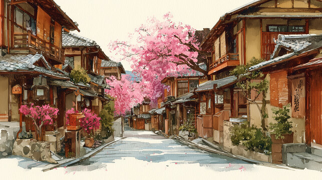 Watercolor of a spring Kyoto street with cherry blossoms and wooden houses - Powered by Adobe