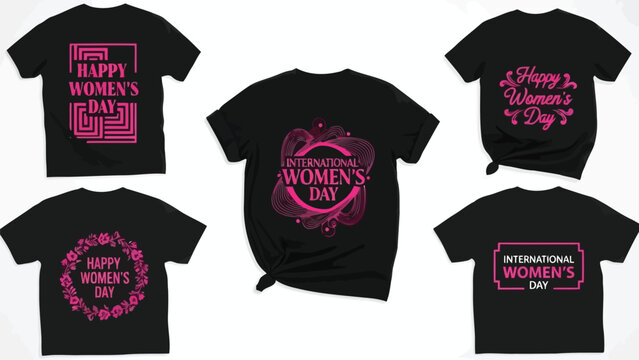 A collection of black t shirts presenting various pink designs celebrating international women s day and empowerment