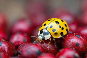 Fototapeta premium Single yellow ladybird among a crowd of red ones 