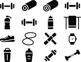 Obraz premium Fitness equipment set dumbell, rolled exercise mat, water bottle, towel rack, running shoe and jump rope