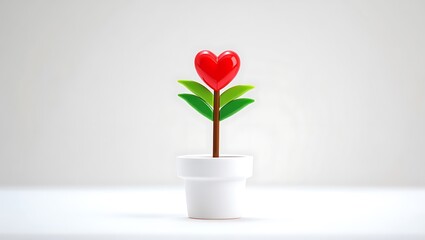 Bright red glossy heart shaped flower with green leaves growing in white pot isolated on transparent background