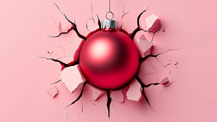 Bright red glossy Christmas bauble ornament with spider web and spider design isolated on transparent background