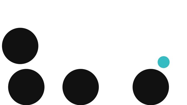 Large black spheres are frozen below, and one above them is moving back and forth across the horizon. Various balls are falling from above. Colliding, they fly apart.