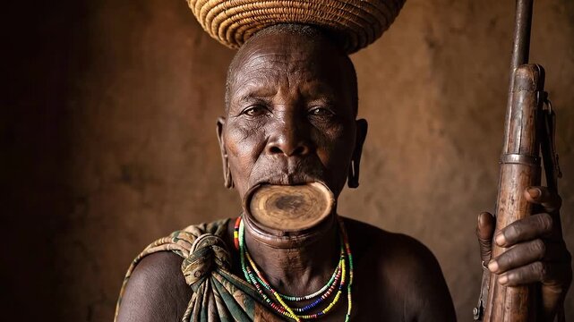 African woman with a lip plate and basket on head, holding a rifle, showcasing a tribal and cultural portrait