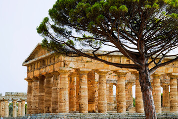 Obraz premium La magnificenza dei templi e degli scavi archeologici dell'antica città greca di Paestum, Italia, Campania, Salerno