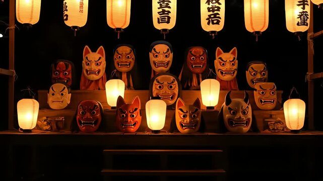 Japanese festival masks illuminated by lanterns