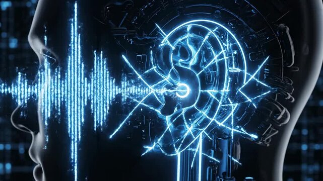 Futuristic artificial intelligence analyzing a sound wave for advanced hearing aid technology. Bionic ear processing audio frequency for a cyborg. Concept of voice recognition and sensory perception