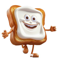 A cheerful cartoon slice of toast with a white cream spread, smiling and posing playfully isolated on transparent background