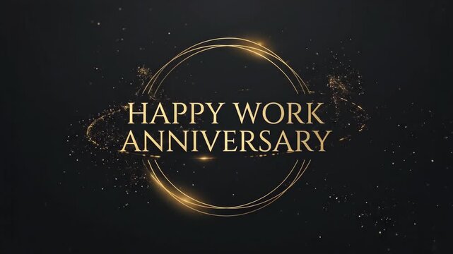Elegant gold text "Happy Work Anniversary" inside a swirling golden circle, set against a dark background with sparkling particles, celebrating professional milestones.